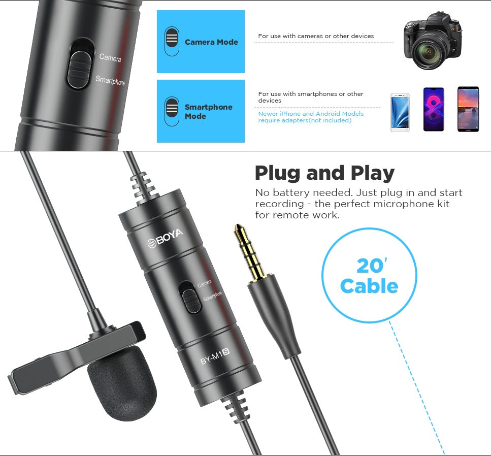 BOYA M1S lapel microphone with 20-foot cable for easy camera and smartphone recording