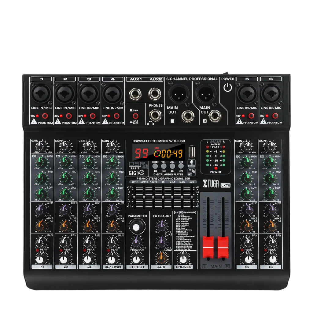 XTUGA LXT6 6 channel audio mixer with USB connectivity and multiple input options for professional sound mixing