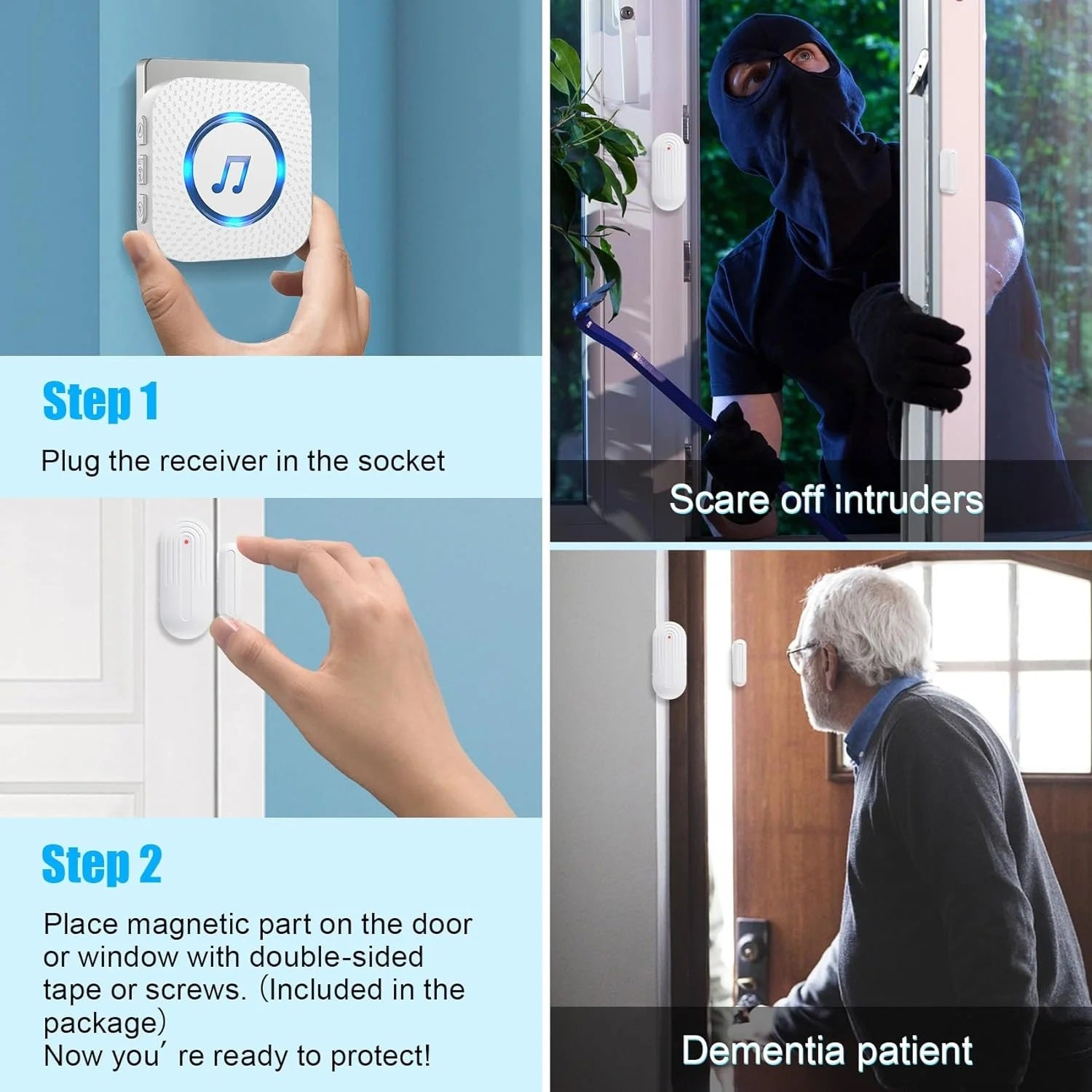 2 in 1 Door and Window sensor Alarm shown installed to secure doors and windows against intruders and alert dementia patient
