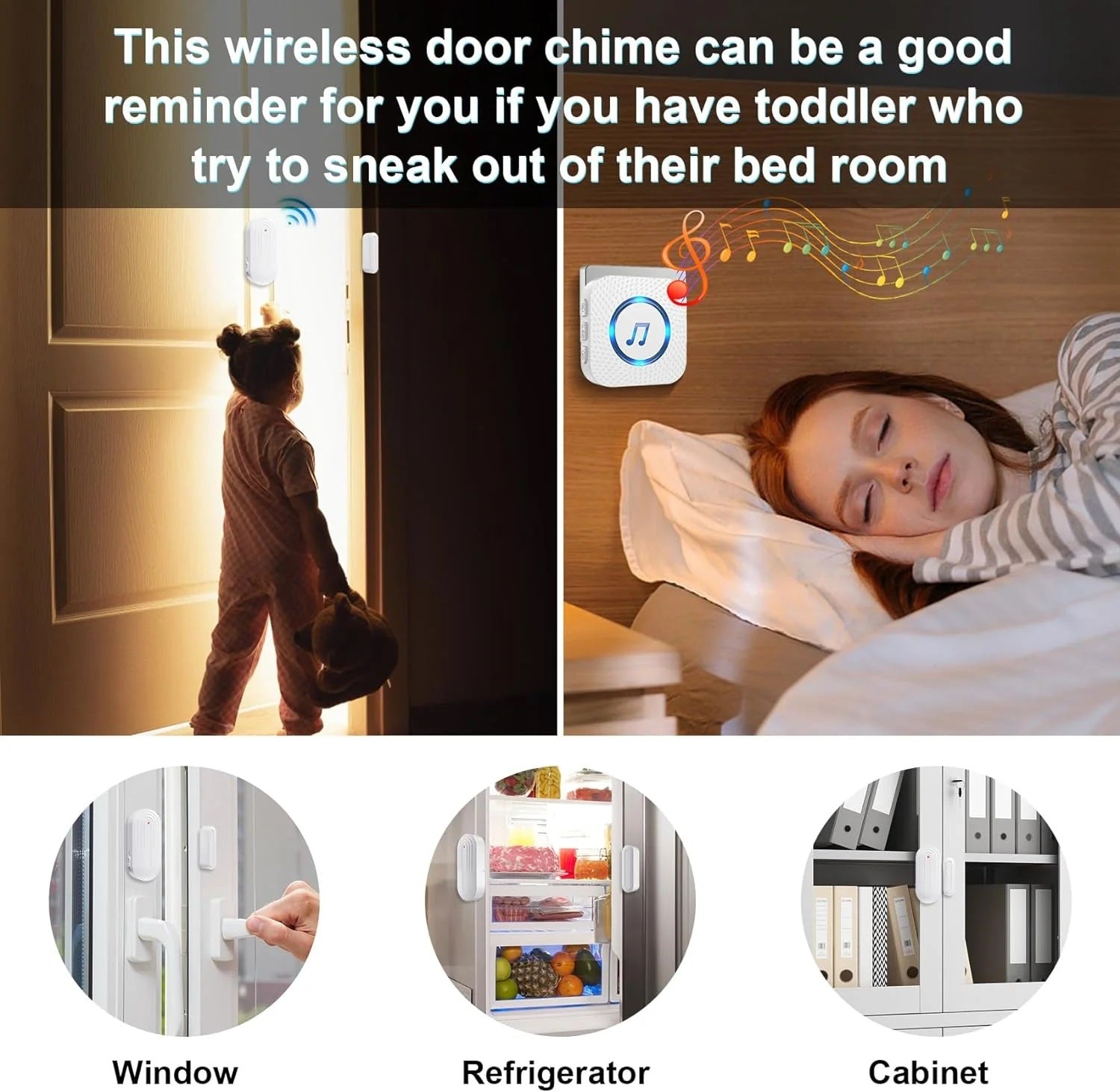 2 in 1 Door and Window sensor Alarm wireless door chime for toddler safety on doors windows fridge and cabinets