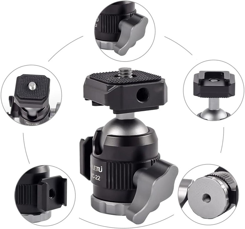 GXCT MC-22 tripod ball head for camera with adjustable knobs and versatile mounting options
