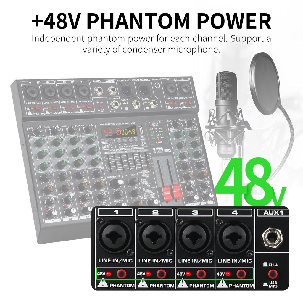XTUGA LXT6 6 channel audio mixer with phantom power for condenser microphones and USB MP3 support
