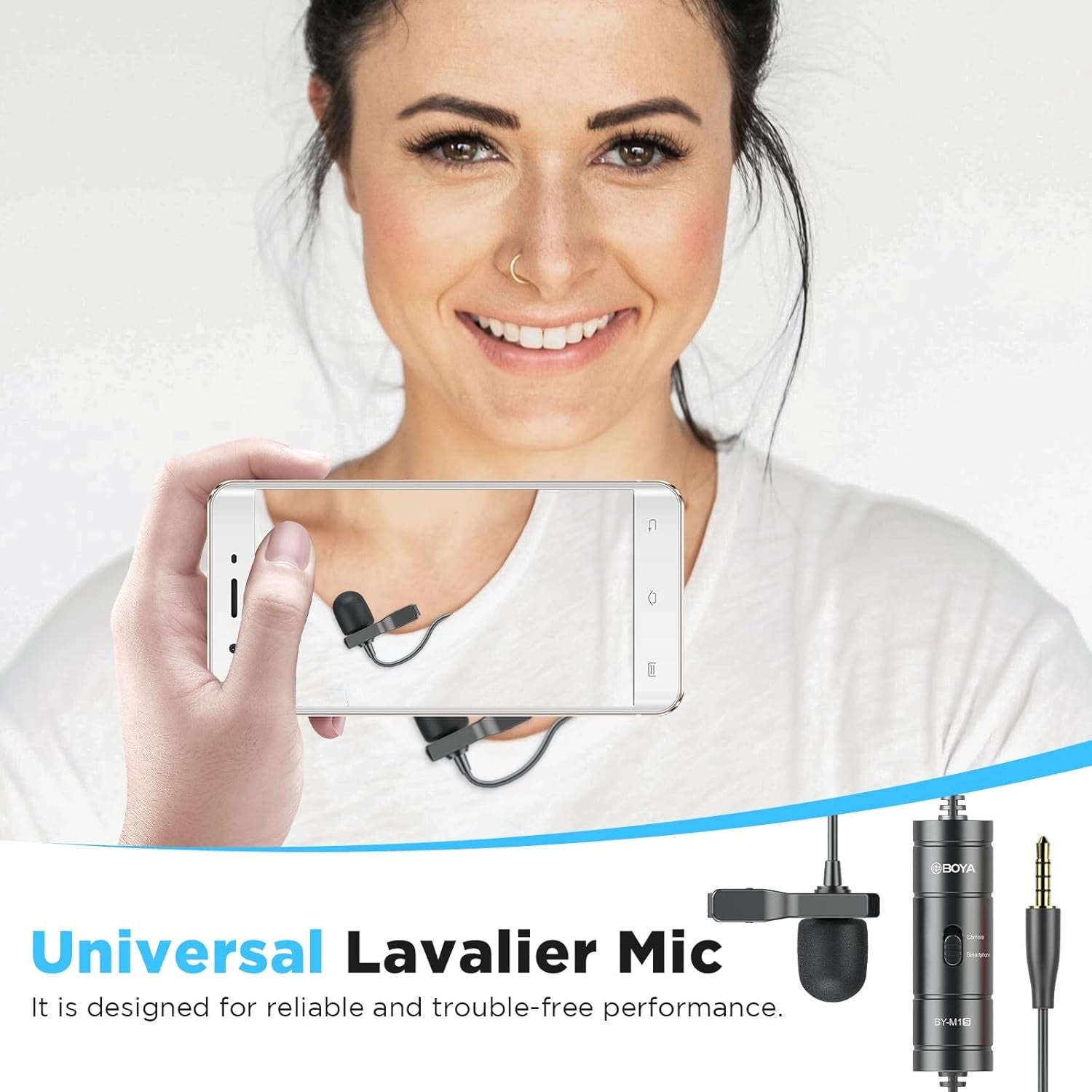 BOYA M1S lapel microphone with smartphone connection for clear audio capturing in interviews