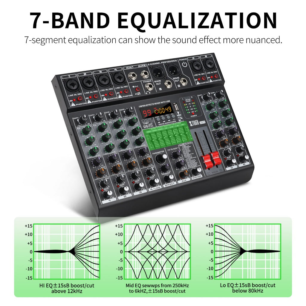 XTUGA LXT6 6 channel audio mixer featuring 7-band equalization for refined sound control