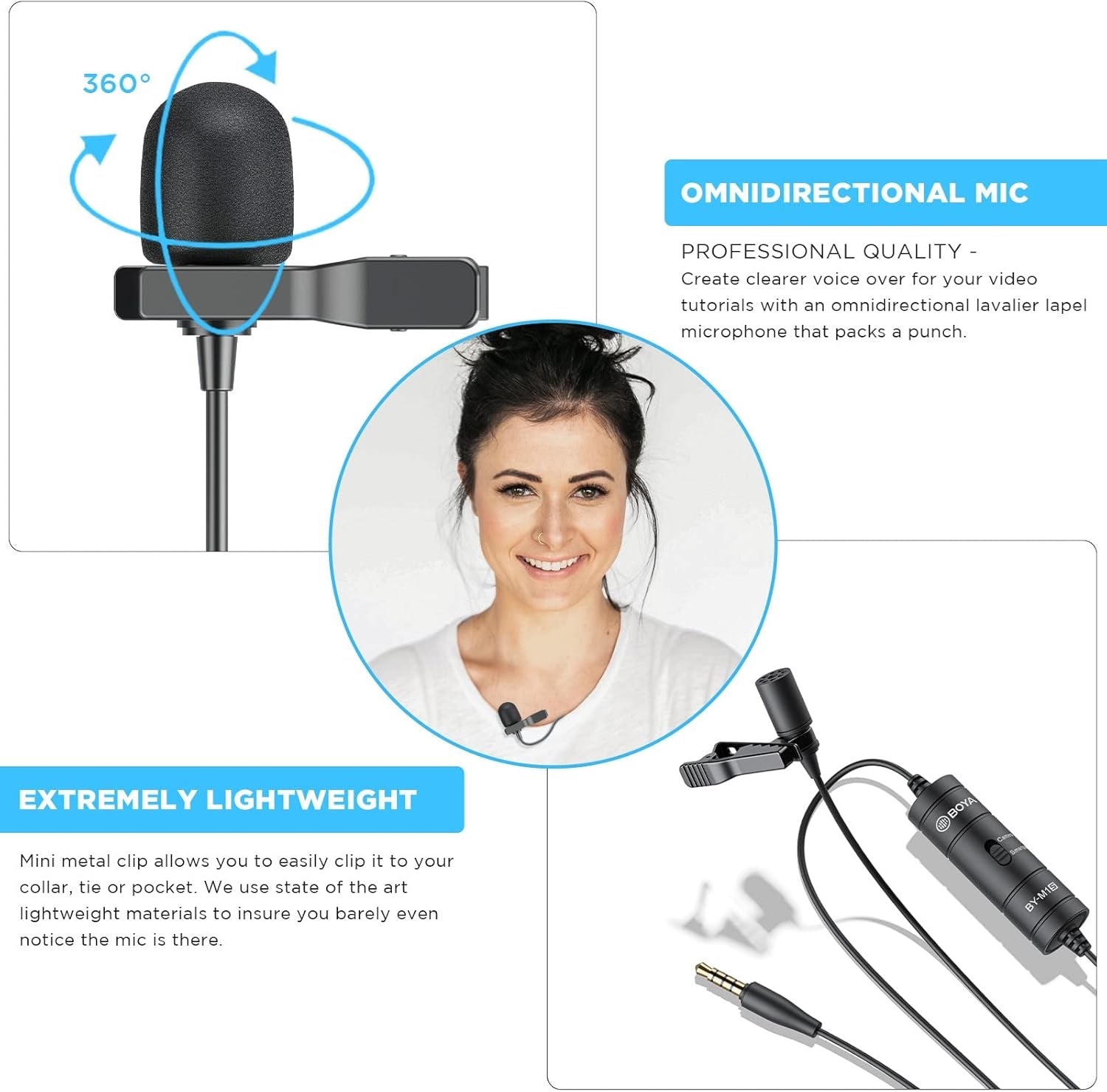 BOYA M1S lapel microphone with omnidirectional mic and lightweight design for clear audio recording