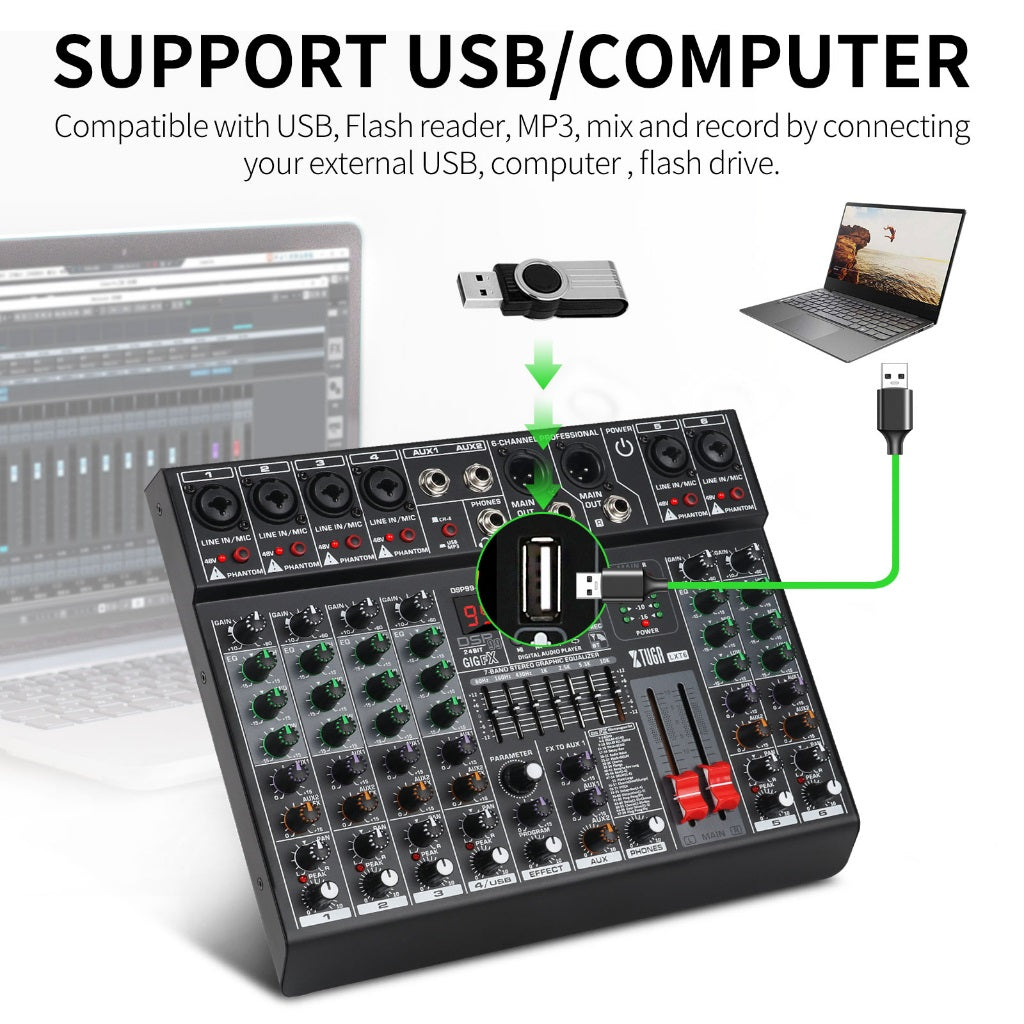 XTUGA LXT6 6 channel audio mixer with USB support for connecting to computers and flash drives