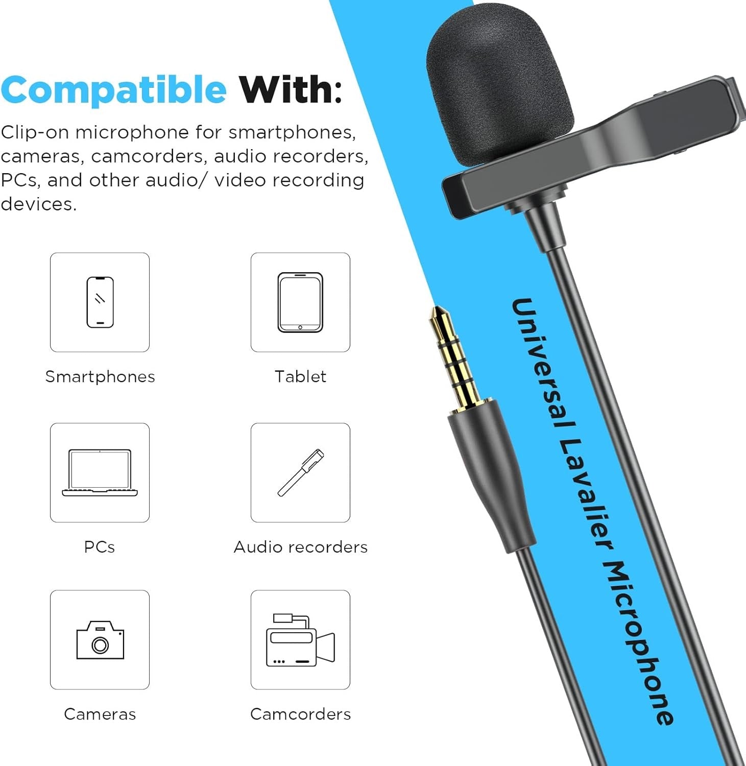 BOYA M1S lapel microphone with clip, compatible with smartphones, tablets, cameras, and audio recorders