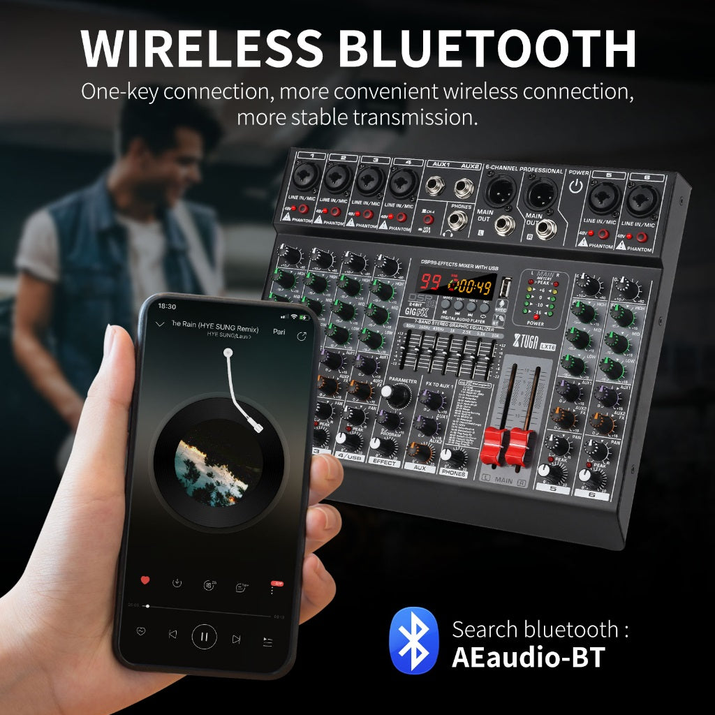 XTUGA LXT6 6 channel audio mixer with wireless Bluetooth connection and user-friendly interface