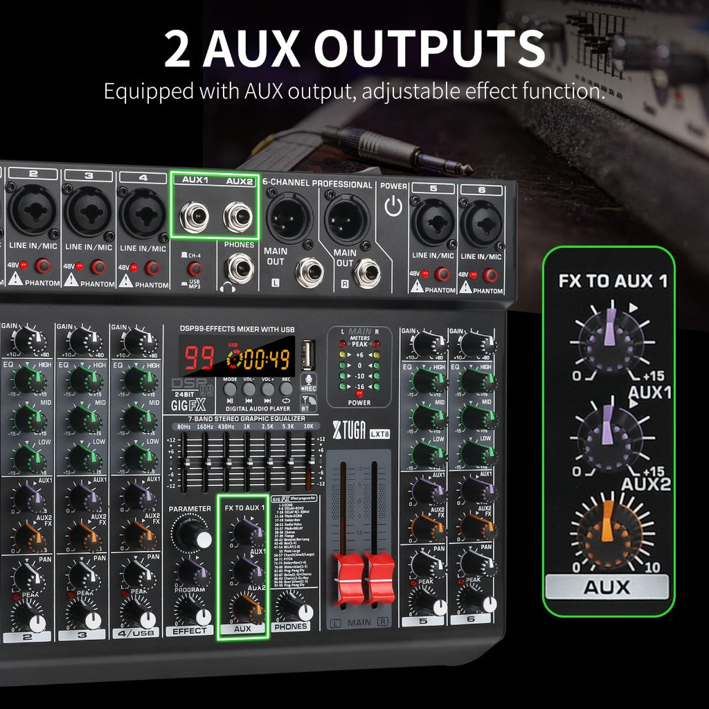 XTUGA LXT6 6 channel audio mixer featuring 2 AUX outputs and adjustable effect function for versatile audio control