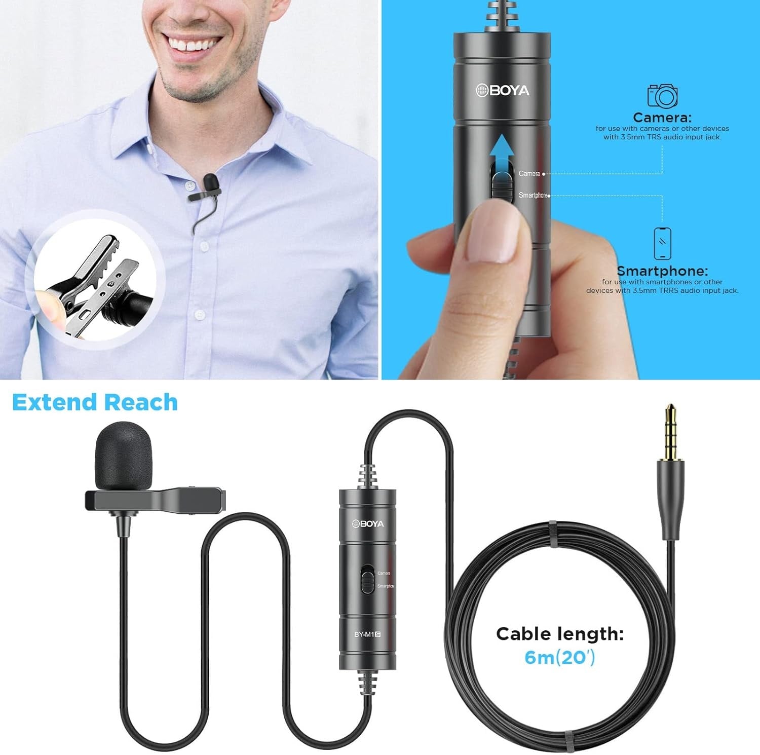 BOYA M1S lapel microphone ideal for smartphones and cameras with 20-foot cable for optimal audio capture