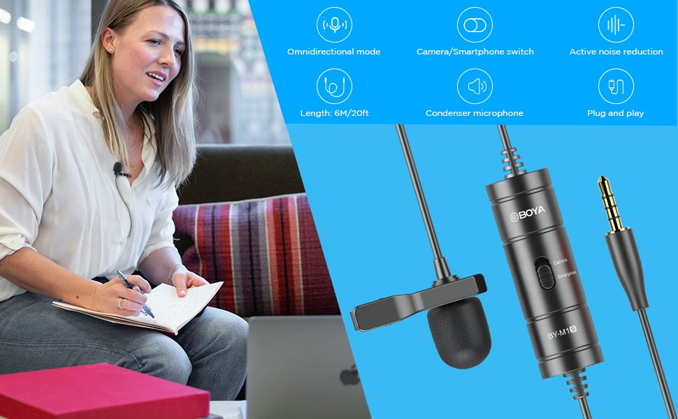 BOYA M1S lapel microphone with omnidirectional mode, ideal for interviews and video recording