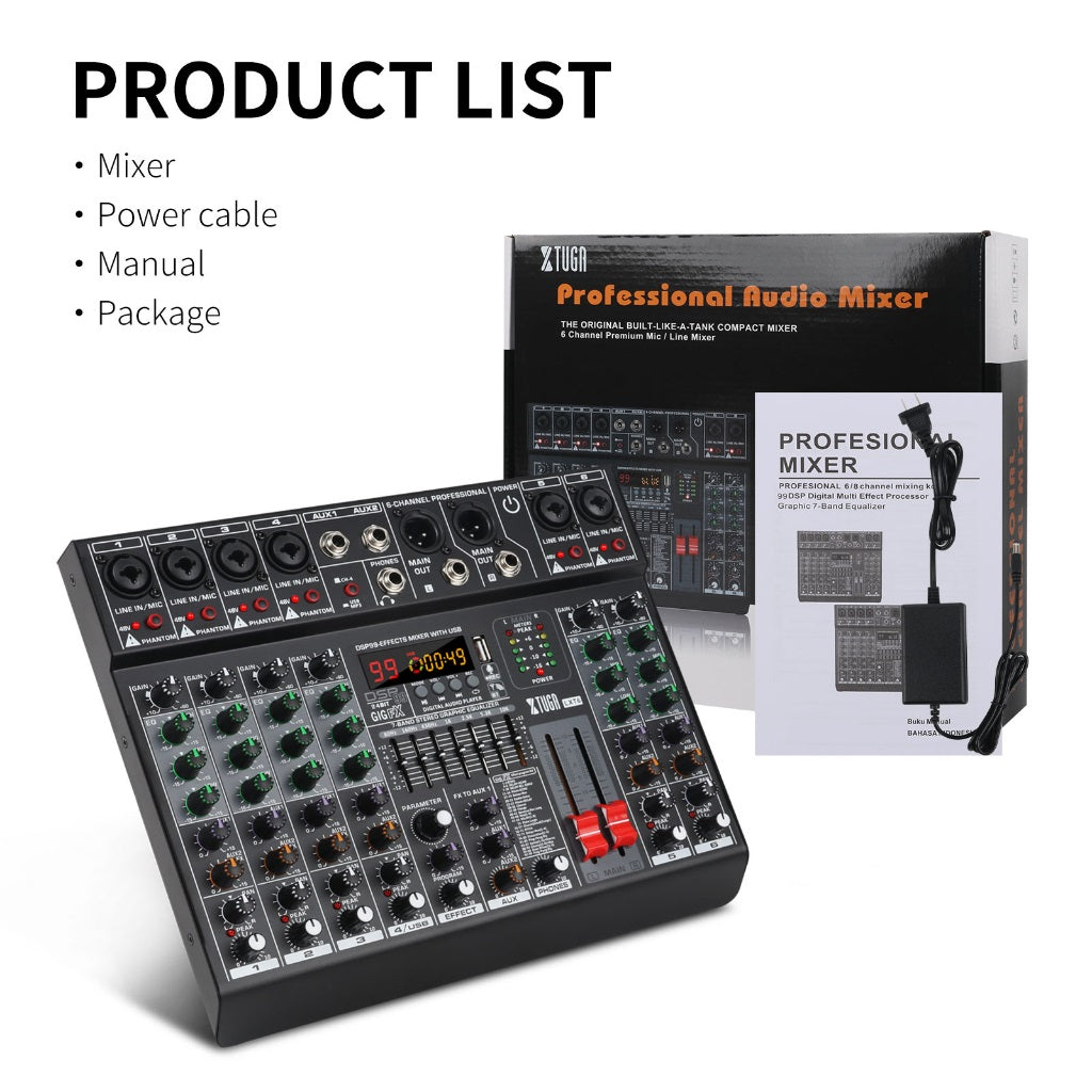 XTUGA LXT6 6 channel audio mixer with various input options and included accessories