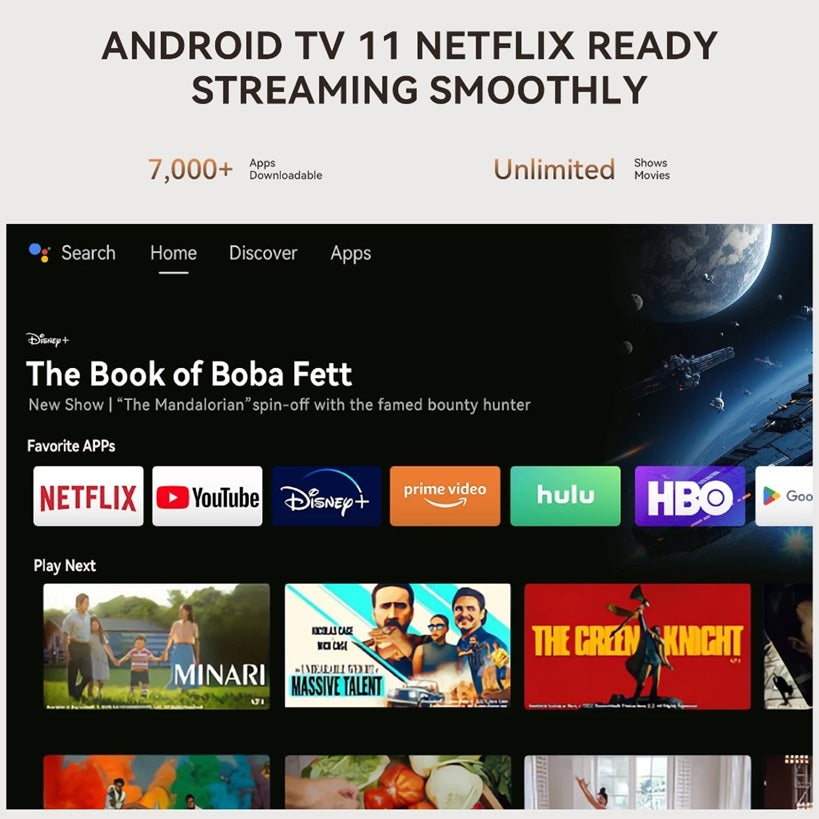 Android TV 11.0 portable projector displaying Netflix ready streaming apps like Netflix YouTube and Disney Plus