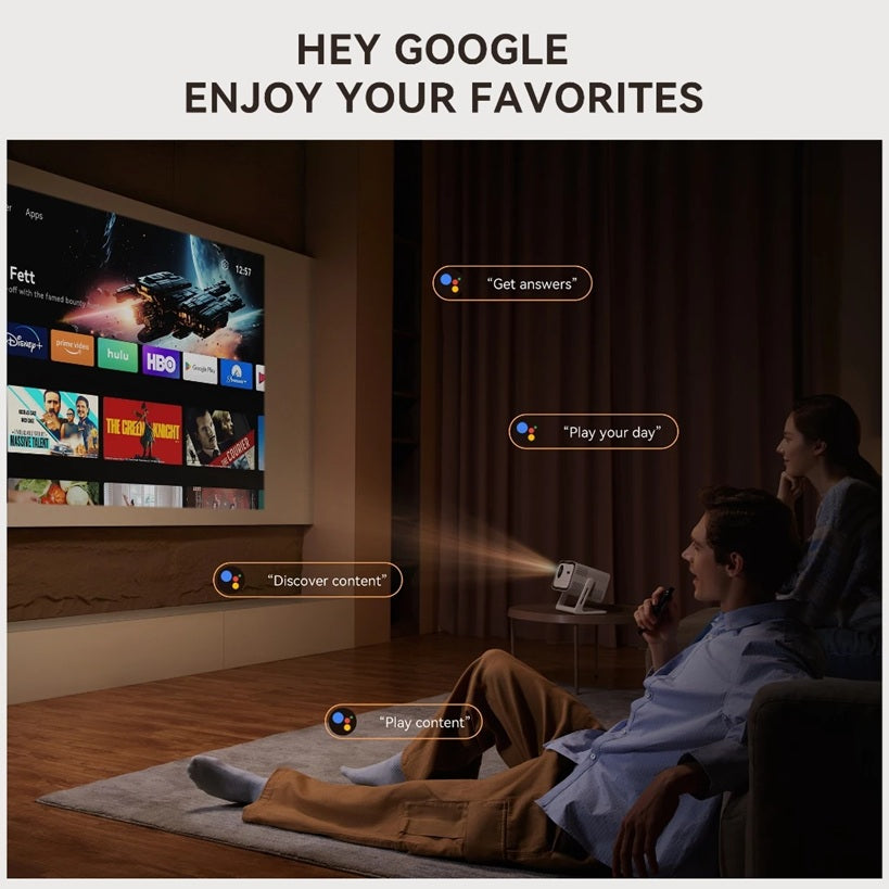 Android TV 11.0 portable projector casting streaming apps on wall with people watching