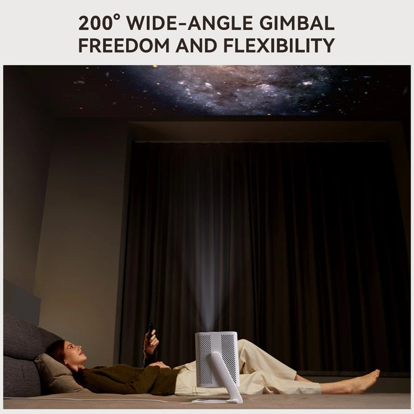 Android TV 11.0 portable projector projecting galaxy image with 200 degree wide-angle gimbal