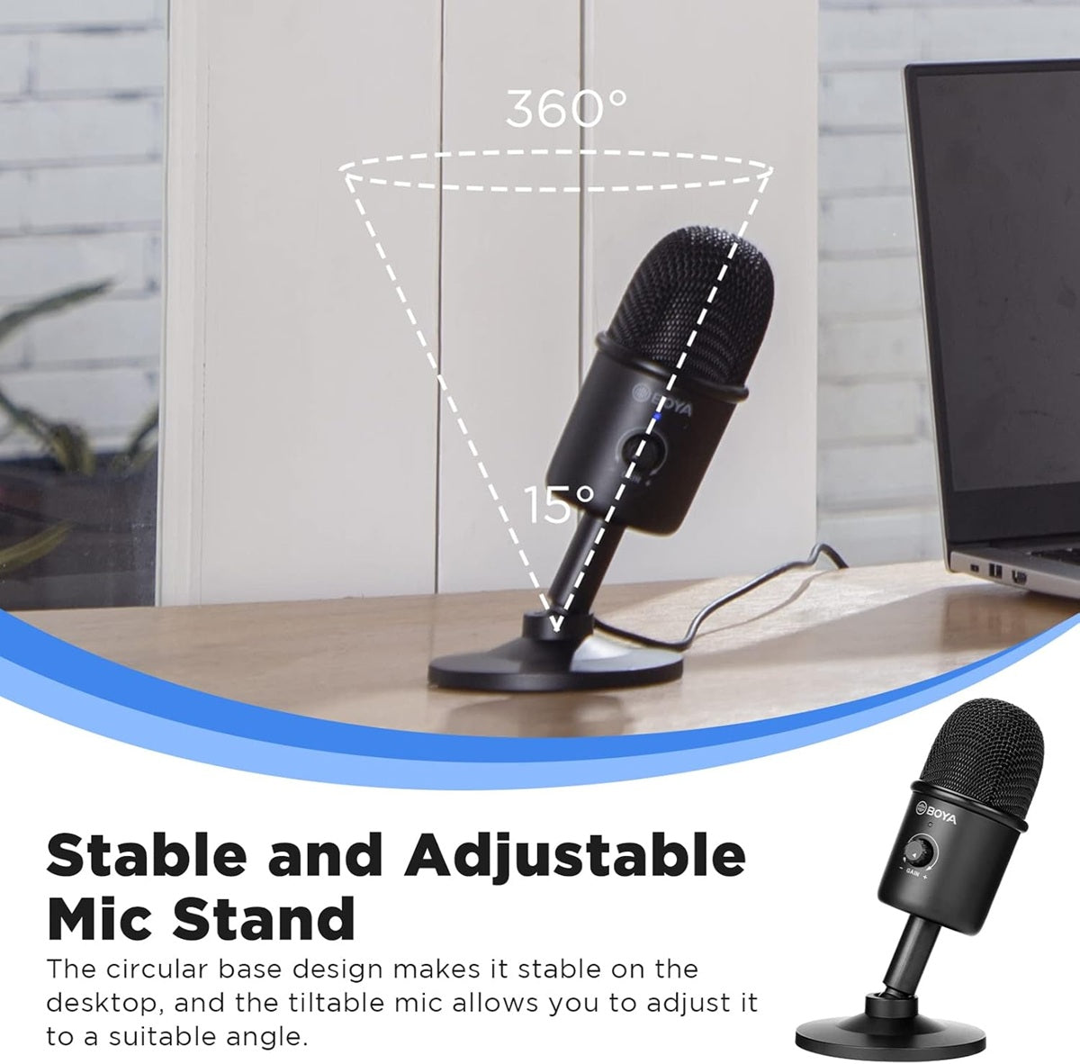 BOYA BY-CM3 USB condenser microphone on adjustable stand for stable desktop use