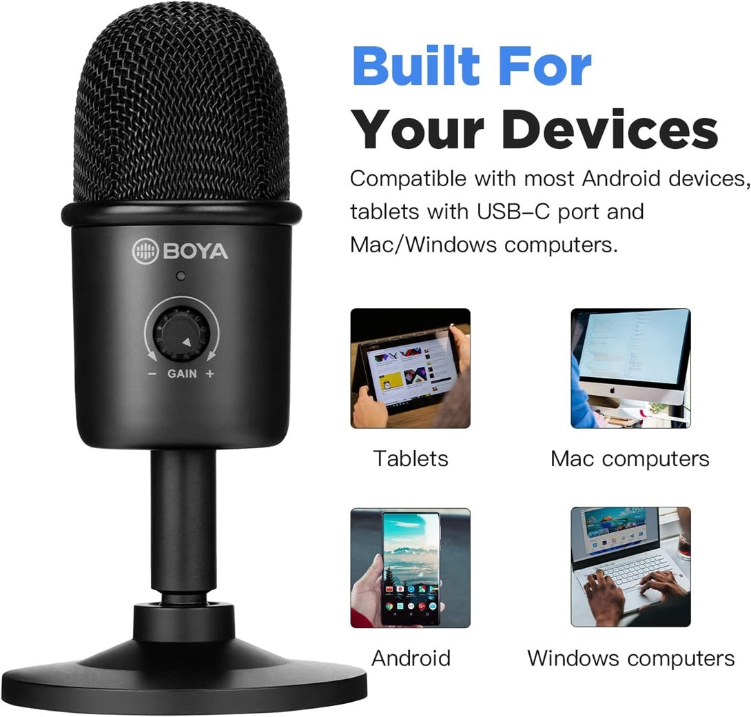 BOYA BY-CM3 USB condenser microphone on a stand, compatible with various devices like tablets and computers