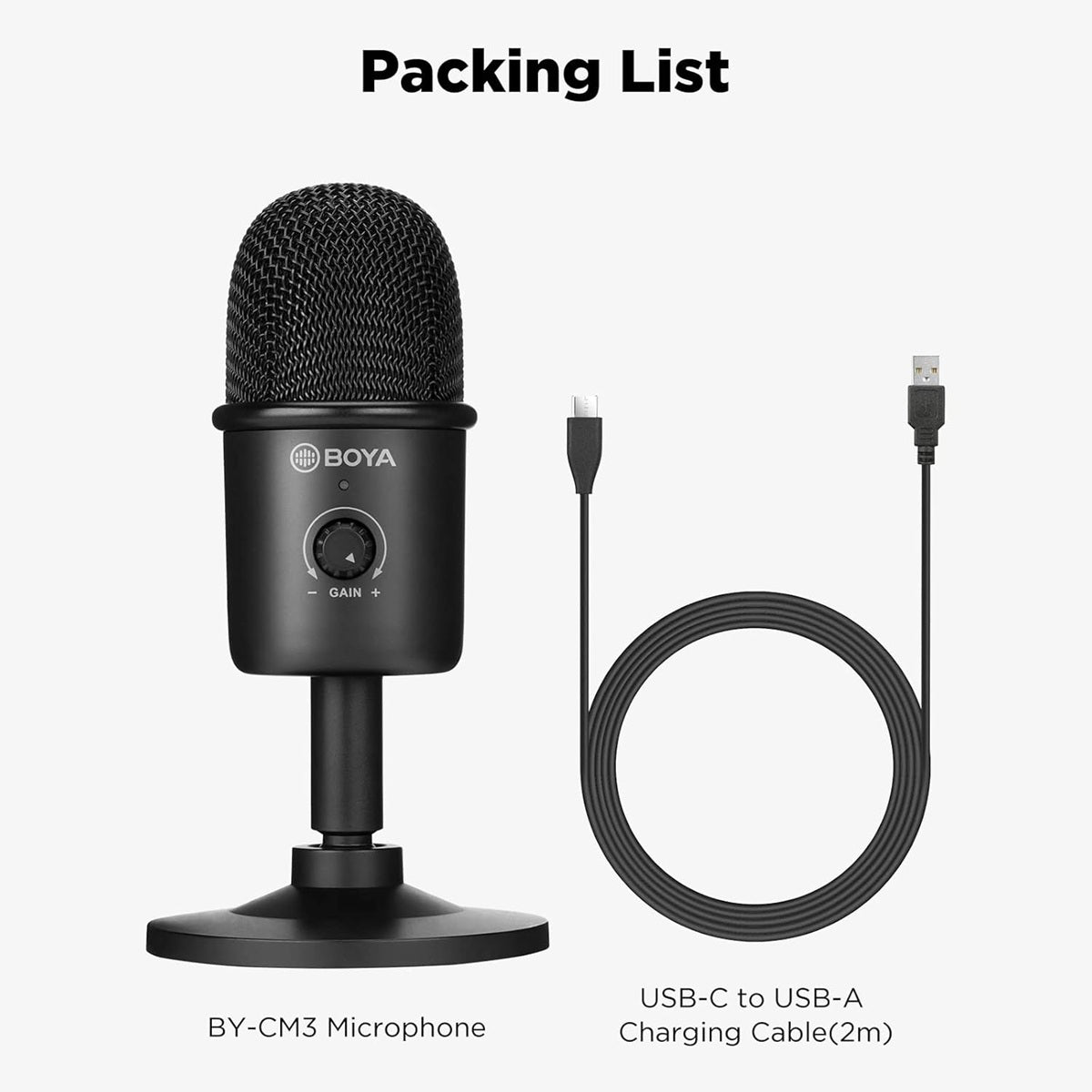 BOYA BY-CM3 USB condenser microphone with USB-C to USB-A charging cable in pack list display