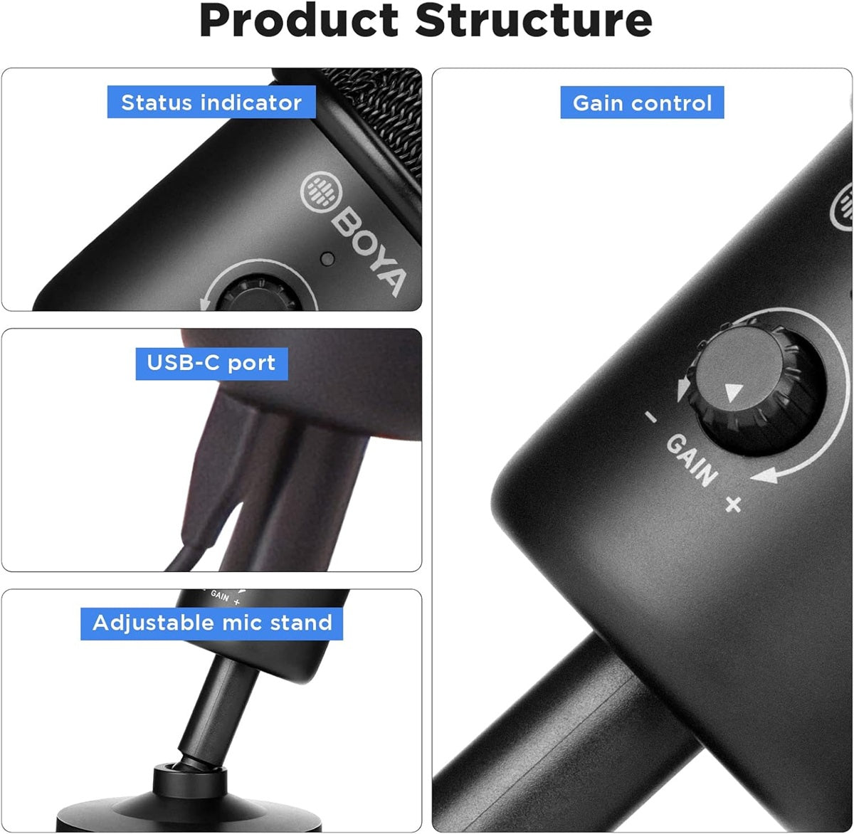 Detailed view of the BOYA BY-CM3 USB condenser microphone showcasing gain control and adjustable mic stand