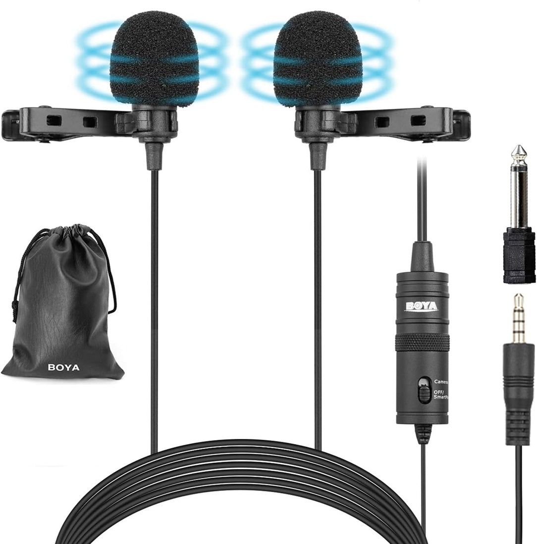 BOYA BY-M1DM dual lavalier microphone kit with two mics, audio connector, and storage pouch
