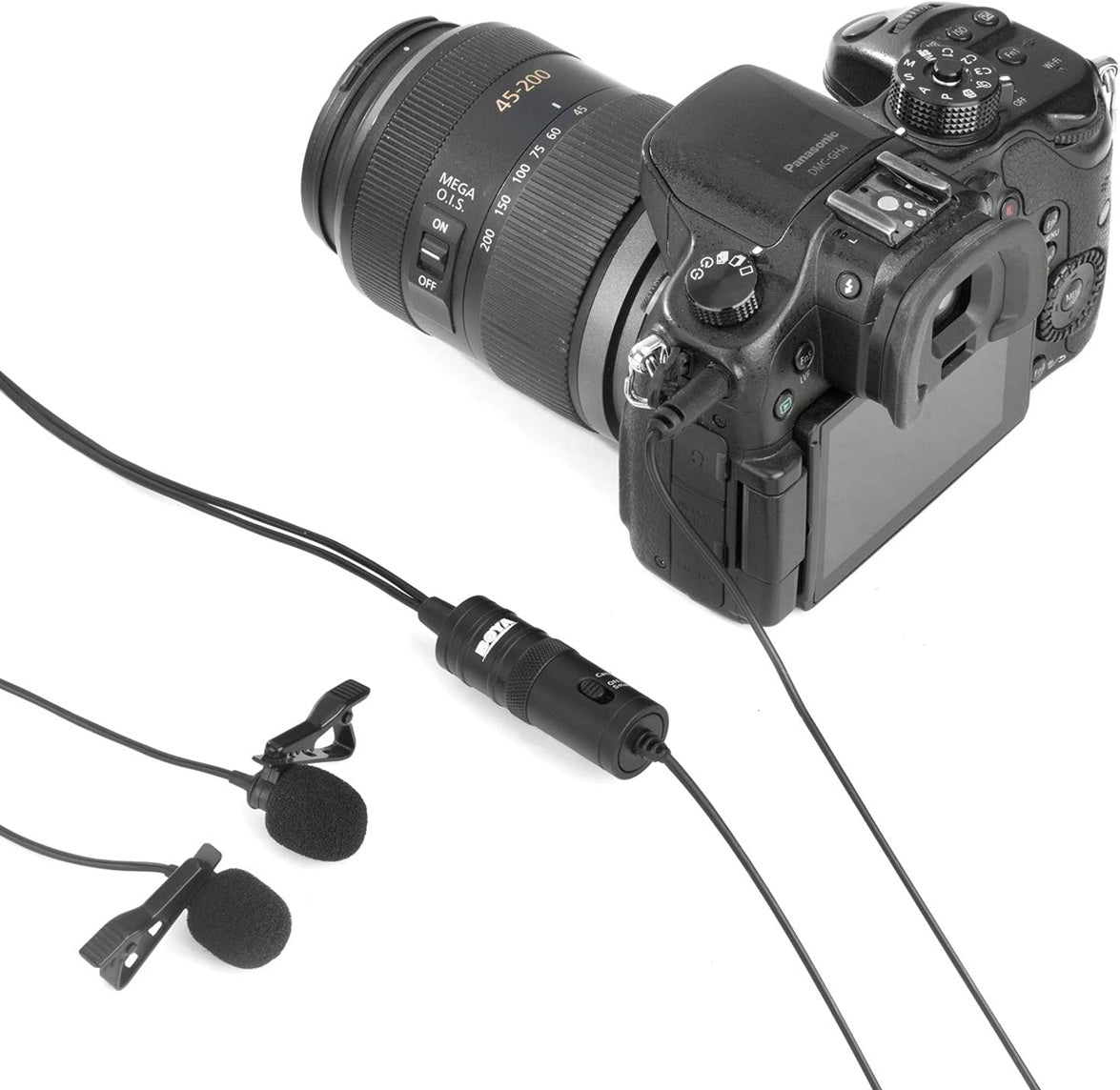 BOYA BY-M1DM dual lavalier microphone connected to a DSLR camera for clear audio recording