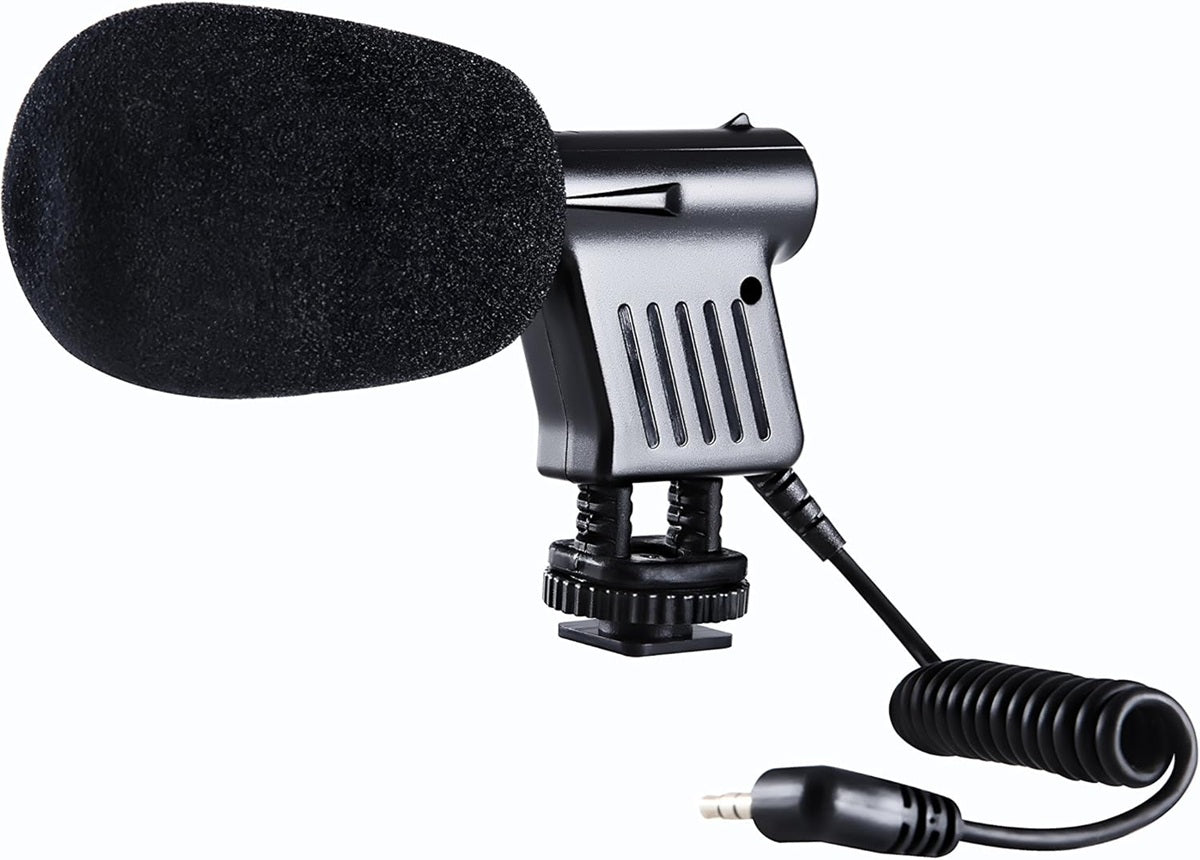 Boya BY-VM01 condenser microphone with foam windscreen and compatible audio cable