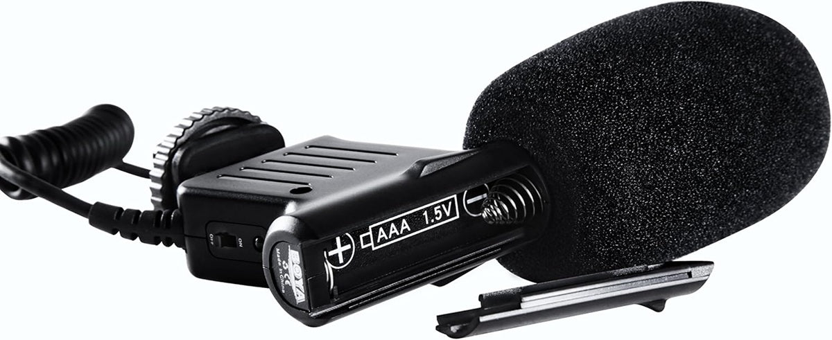 Boya BY-VM01 condenser microphone with foam windscreen and clip for clear audio recording