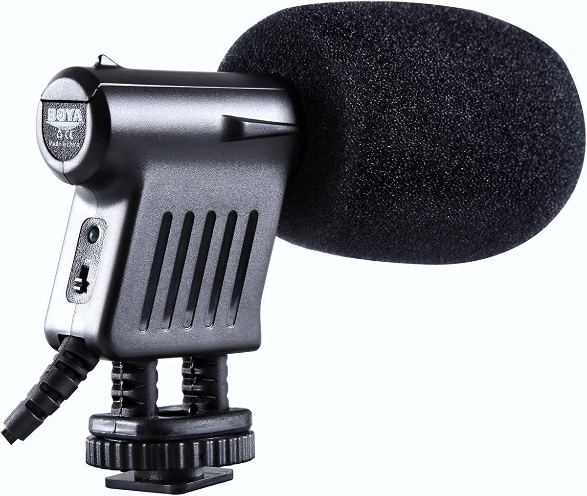 Boya BY-VM01 condenser microphone with foam windscreen for clear audio recording