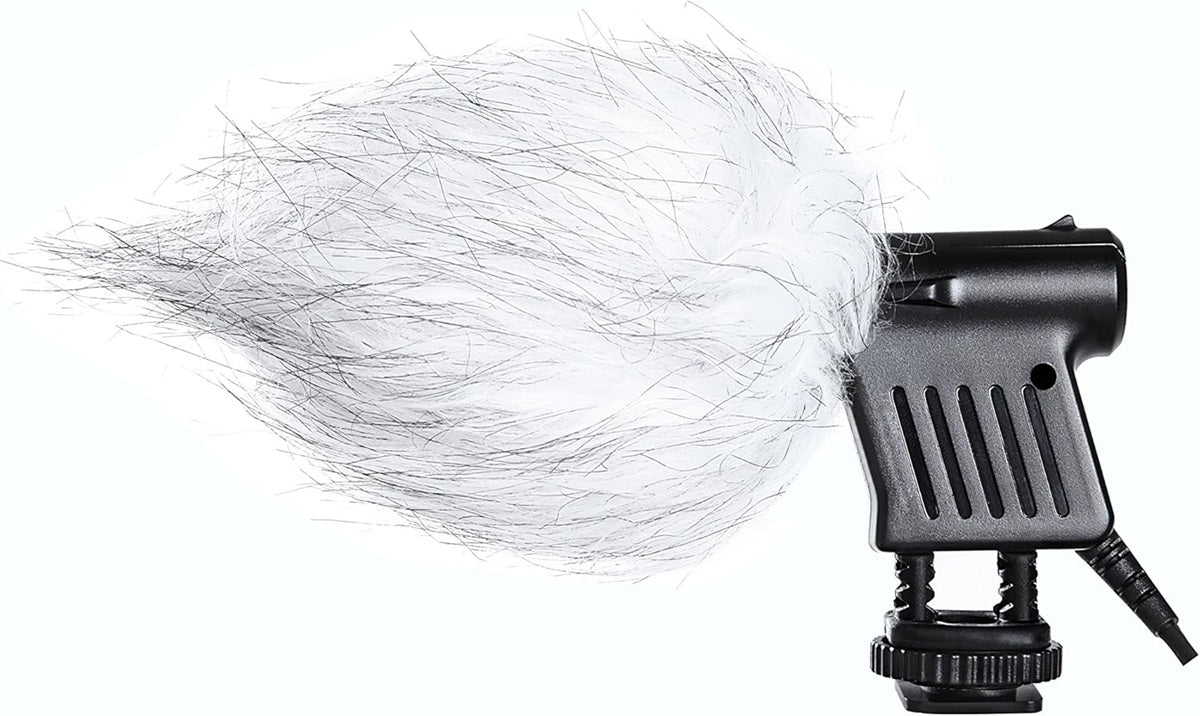 Boya BY-VM01 condenser microphone with a furry windscreen for improved audio clarity outdoors