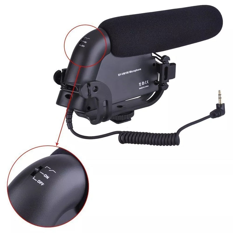 BOYA BY-VM190 video microphone with a foam windscreen and a switch for easy control