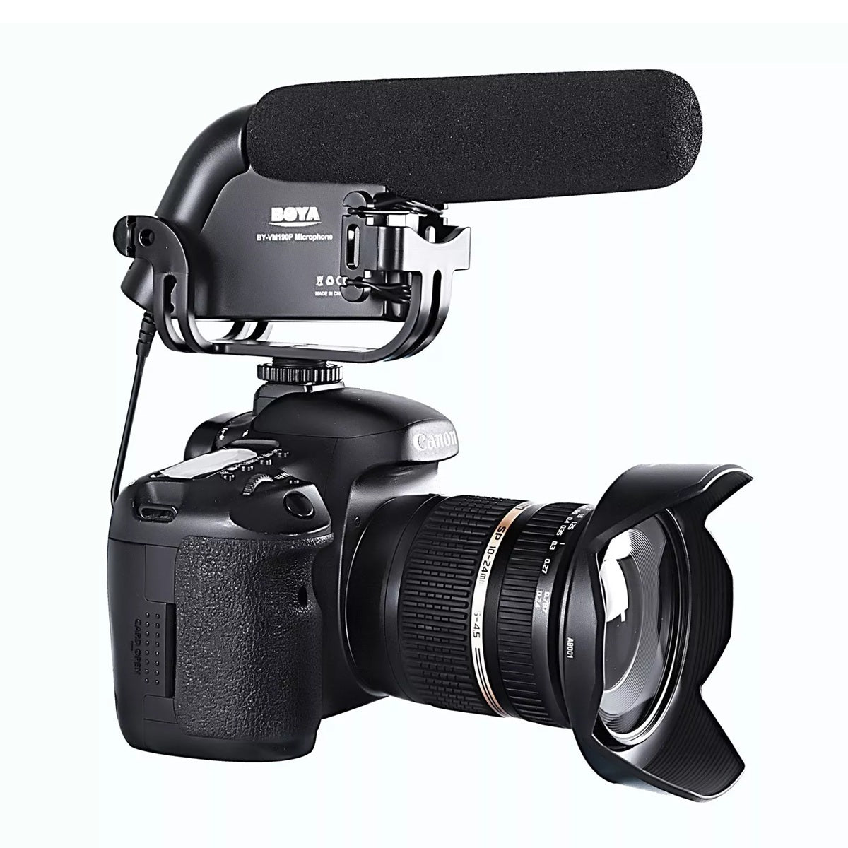 BOYA BY-VM190 video microphone mounted on a Canon DSLR camera for improved audio quality
