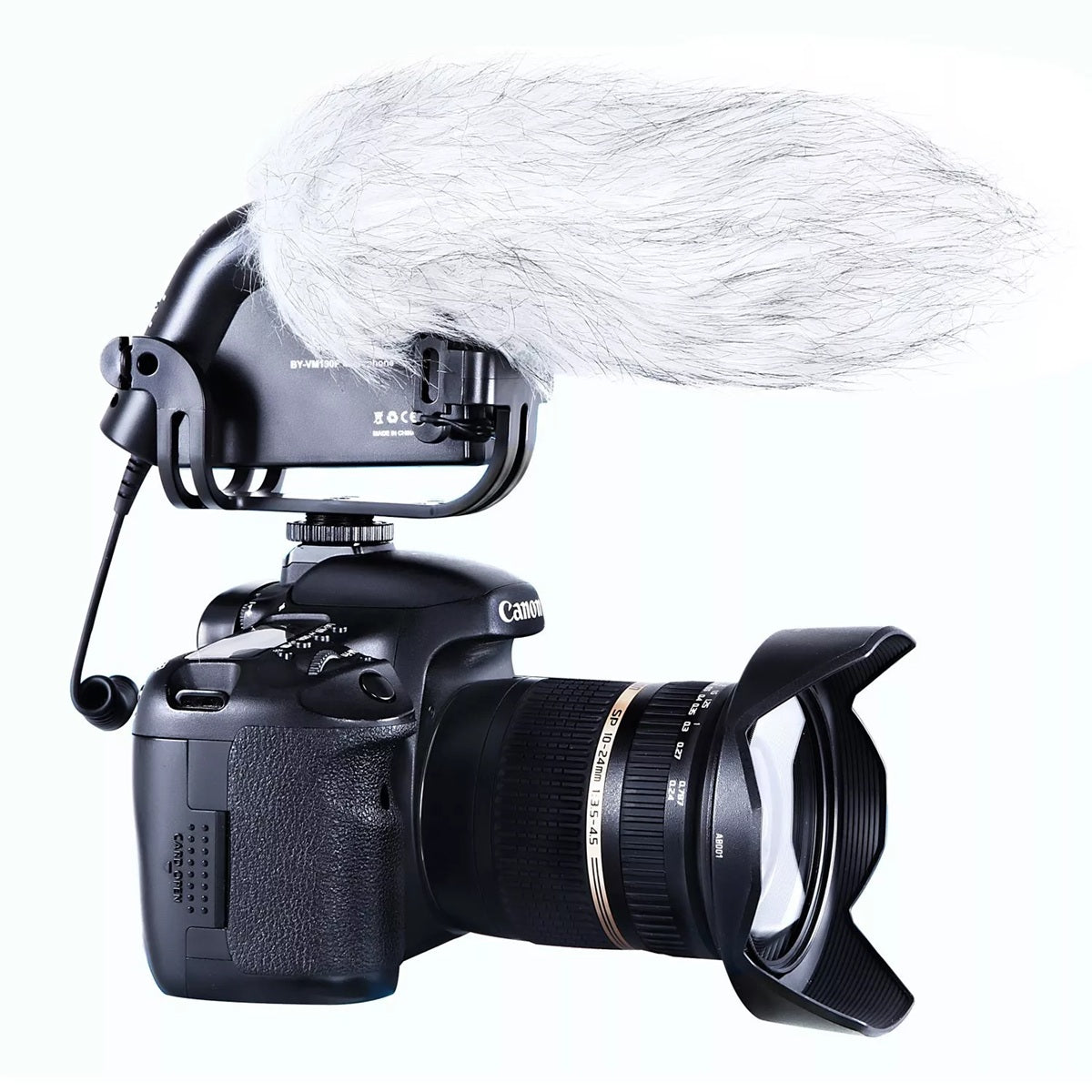 BOYA BY-VM190 video microphone mounted on a Canon DSLR camera for clear audio recording