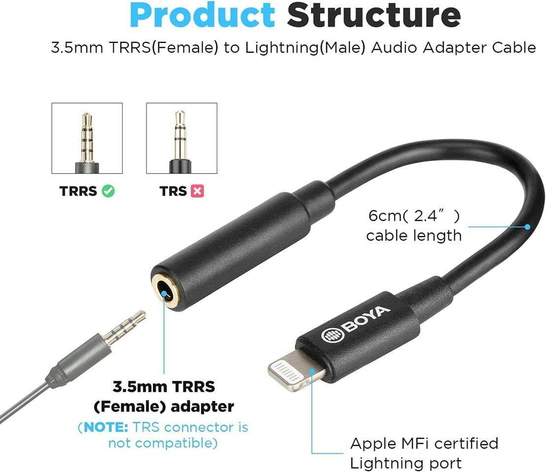 BOYA Lightning adapter cable with 3.5mm TRRS female connector for audio devices