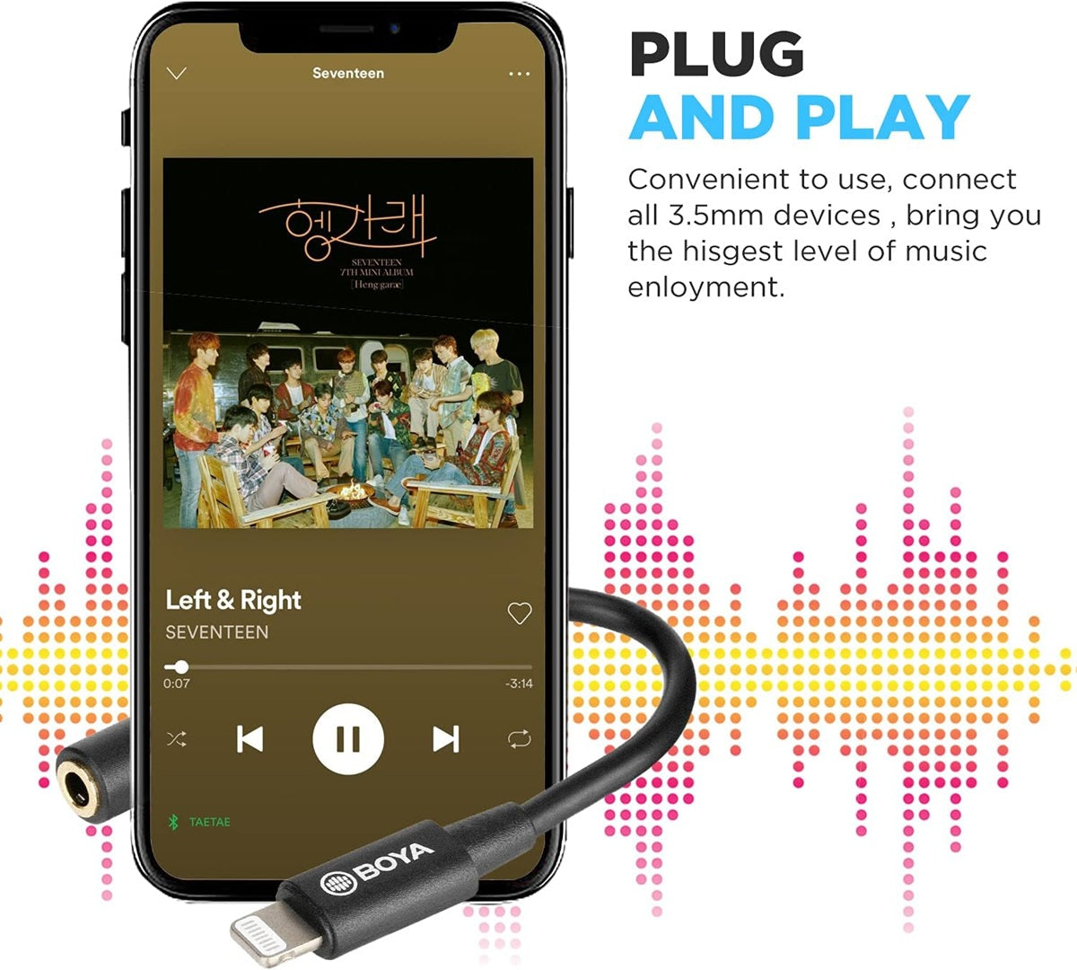 BOYA Lightning adapter cable for seamless connection to 3.5mm devices, enhancing music enjoyment