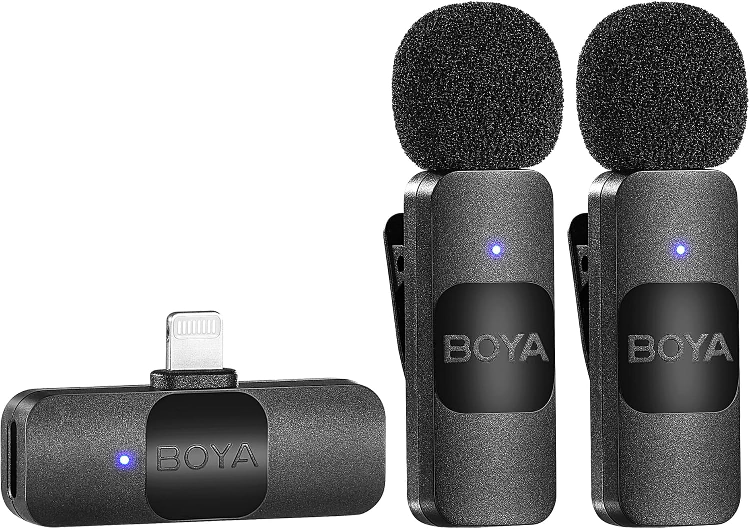 BOYA mini wireless lavalier microphone system with two clip-on mics and a USB receiver for clear audio capture