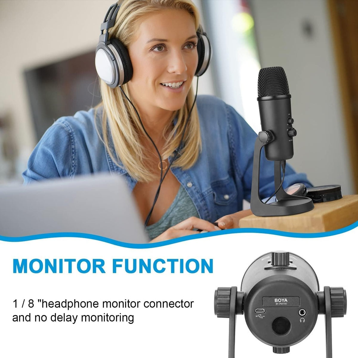 BOYA PM700 USB condenser microphone on desk with woman wearing headphones for recording and monitoring
