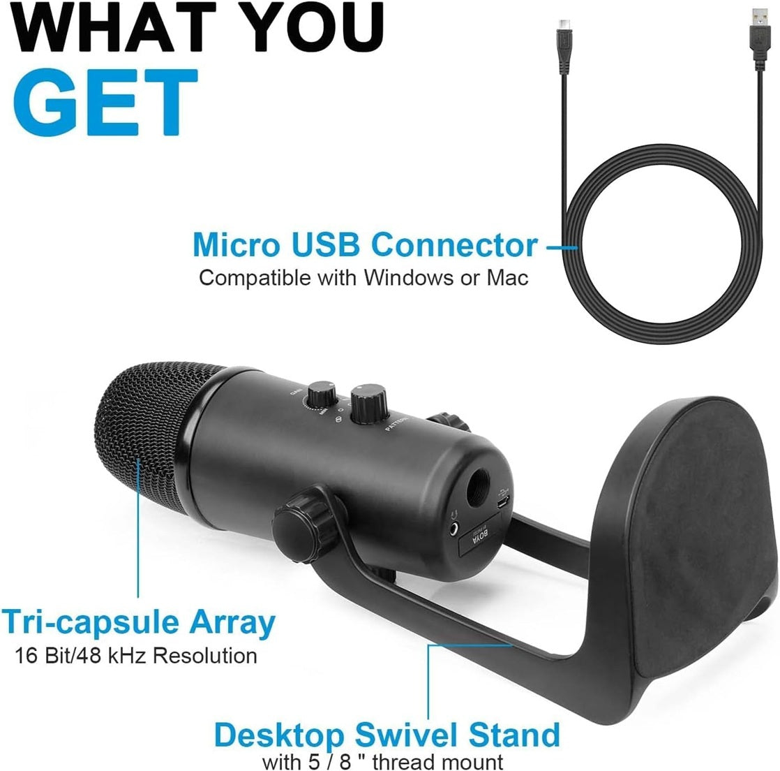 BOYA PM700 USB condenser microphone with tri-capsule array and desktop swivel stand