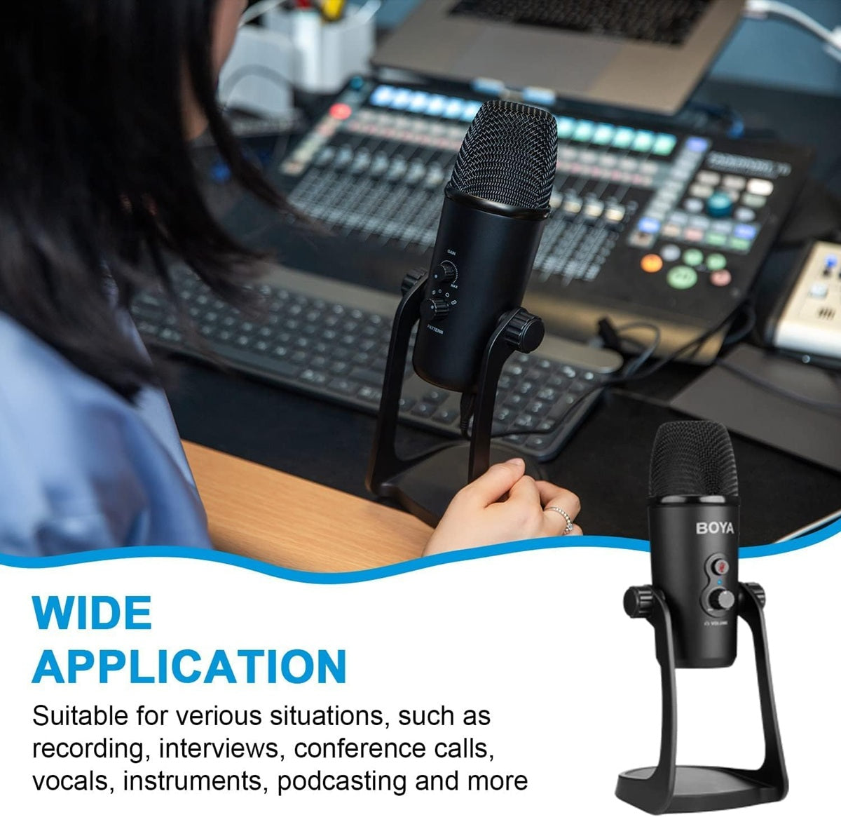 BOYA PM700 USB condenser microphone on a desk with audio equipment, ideal for recording and podcasts