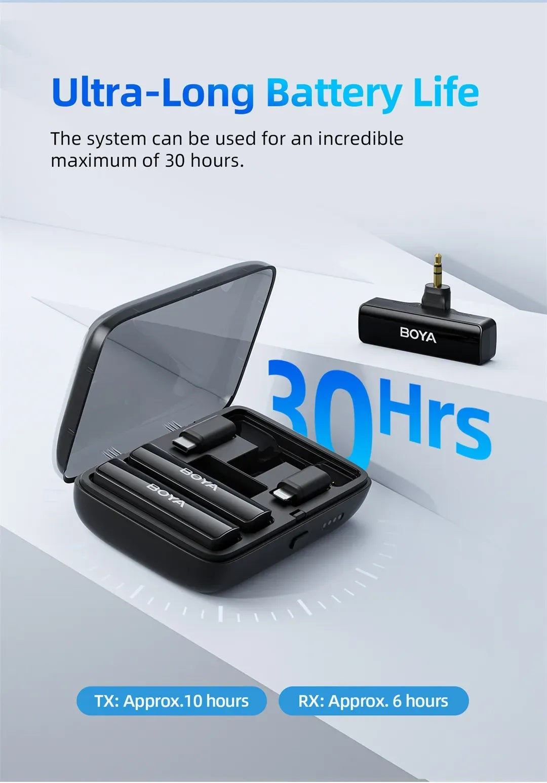 Wireless lavalier microphone with charging box featuring ultra-long battery life for 30 hours of use