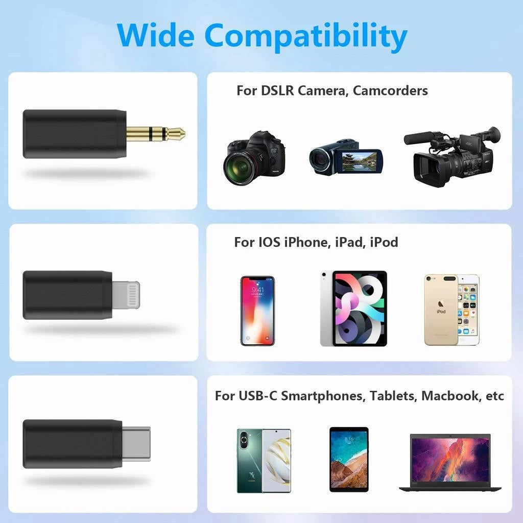 Wide compatibility image showing connections for wireless lavalier microphone with charging box to cameras and smartphones
