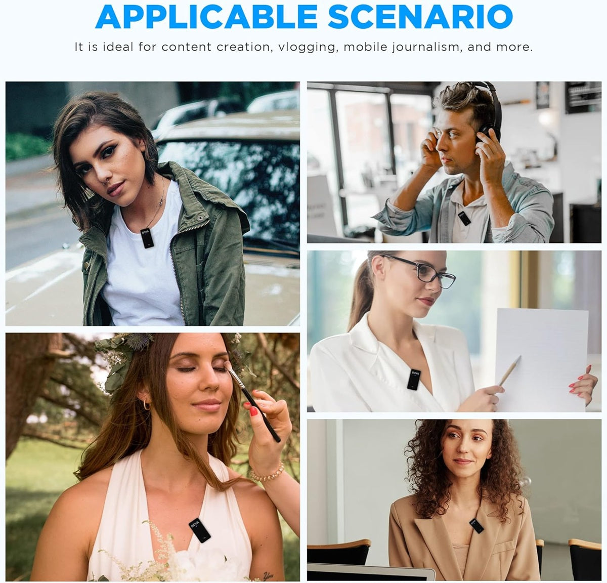 BOYA WMIC5 M1 wireless microphone shown on various users in content creation and vlogging scenarios