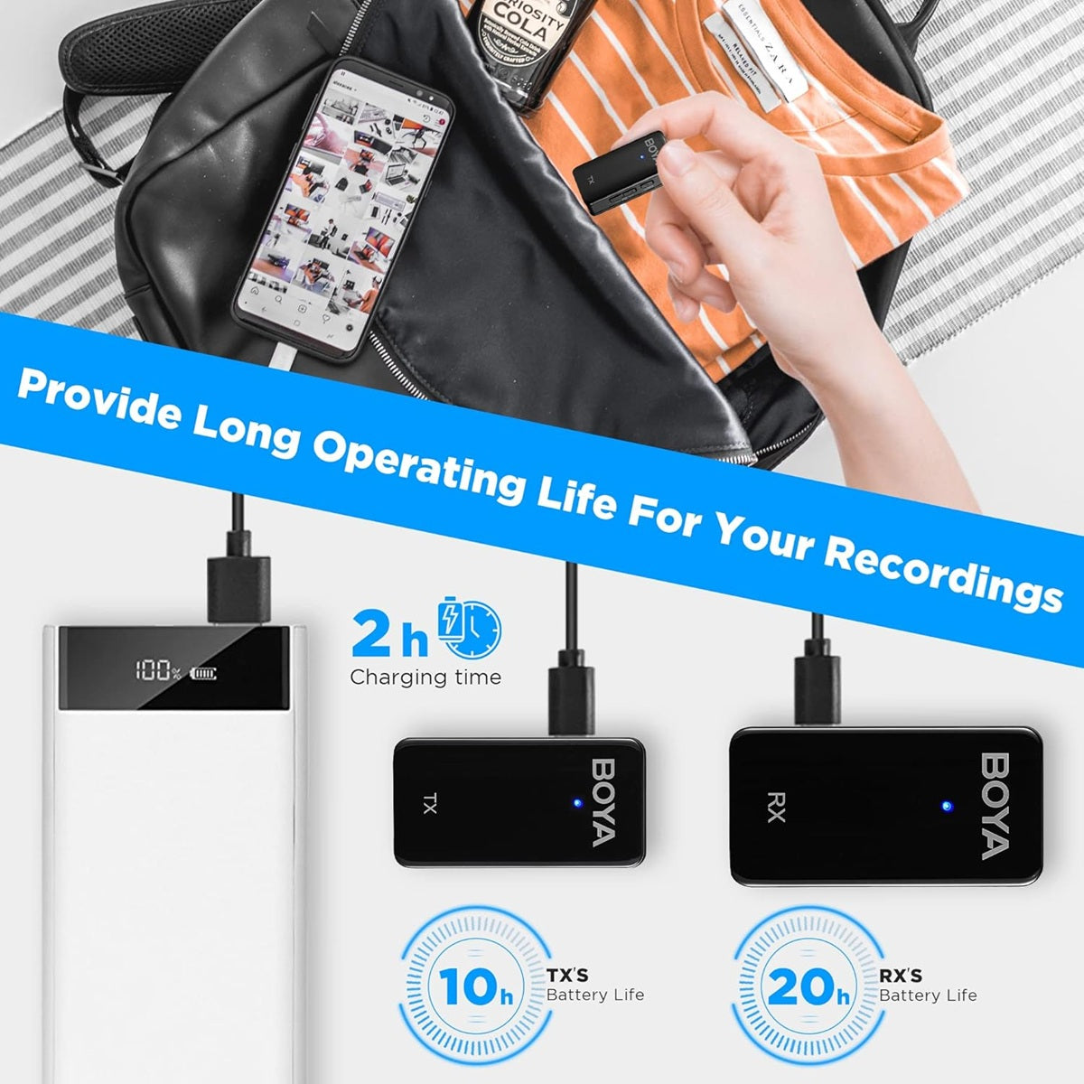 BOYA WMIC5 M1 wireless microphone setup with charging power bank for long recording sessions