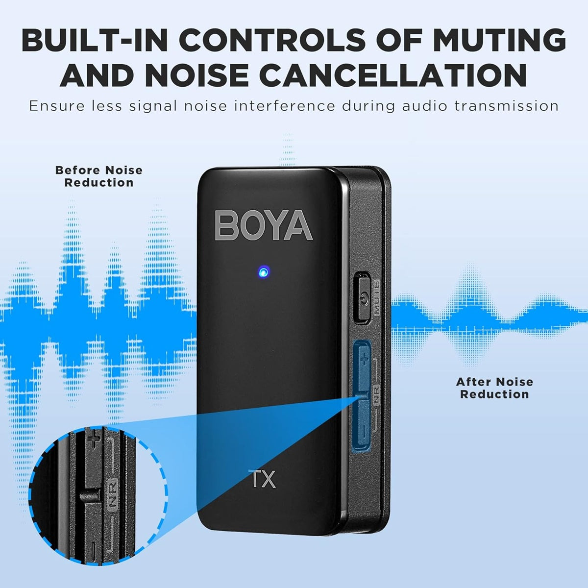 BOYA WMIC5 M1 wireless microphone with built-in noise cancellation and muting controls for clear audio transmission