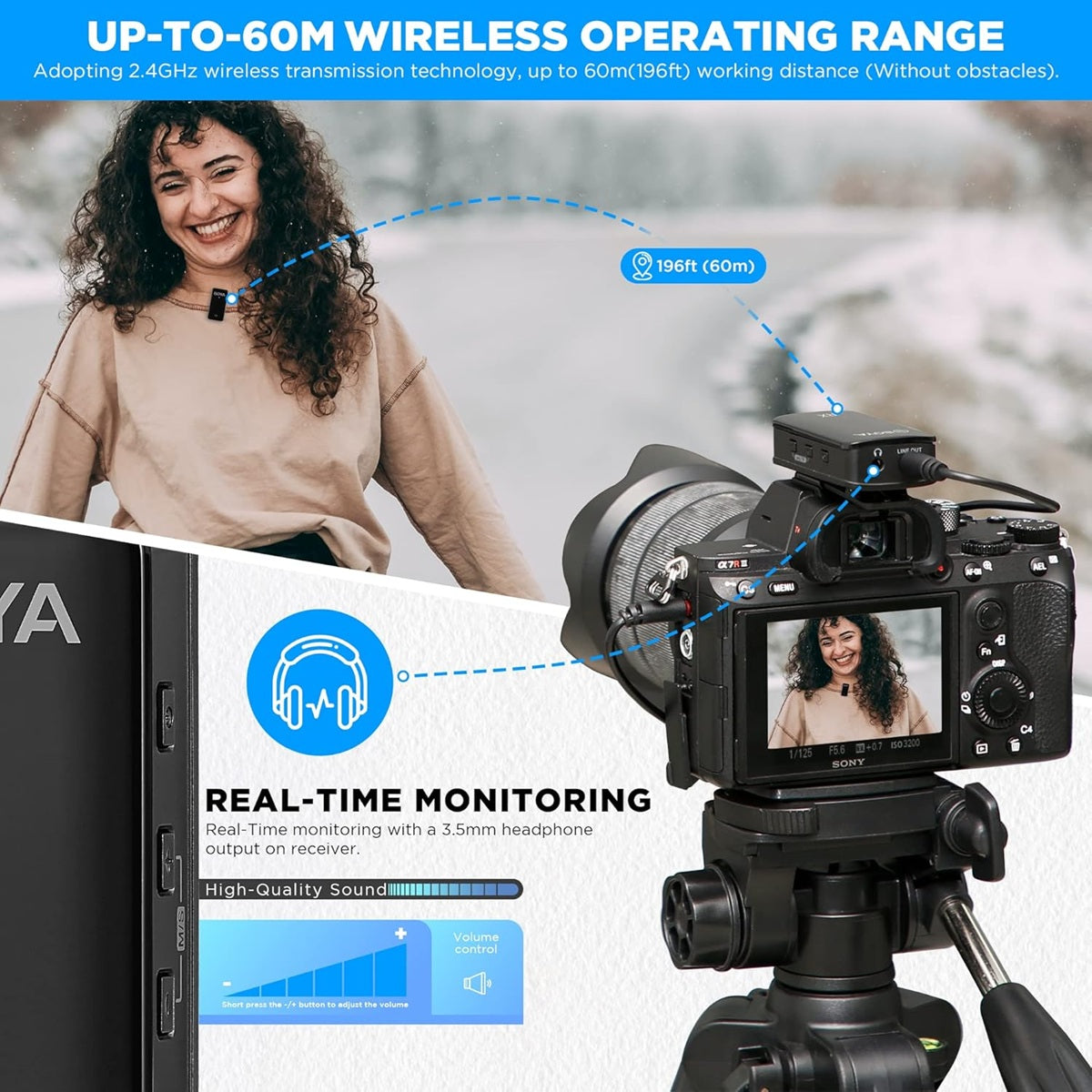 BOYA WMIC5 M1 wireless microphone with 60m range, compact design, and real-time monitoring for clear audio