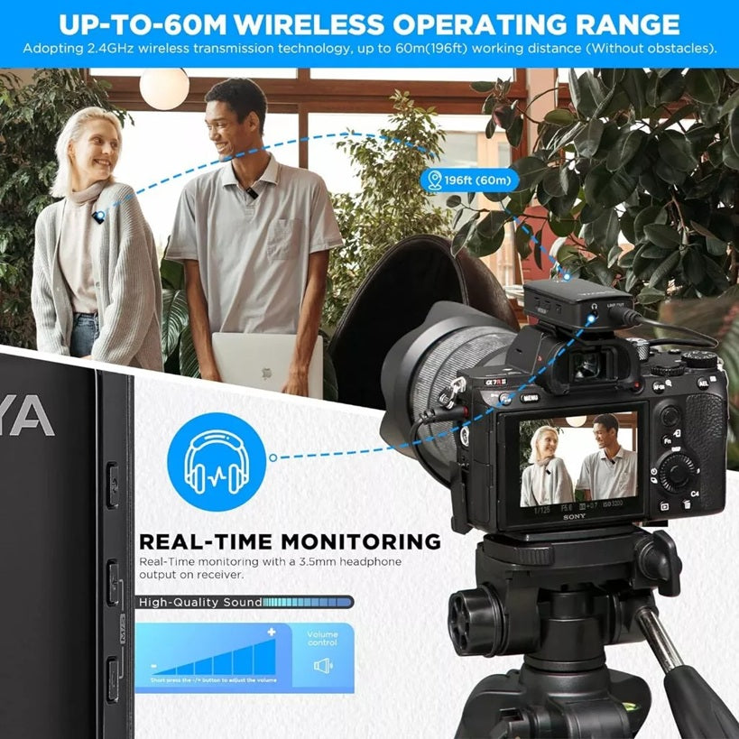 BOYA WMIC5 M2 wireless microphone showcasing wireless operation range and real-time monitoring features