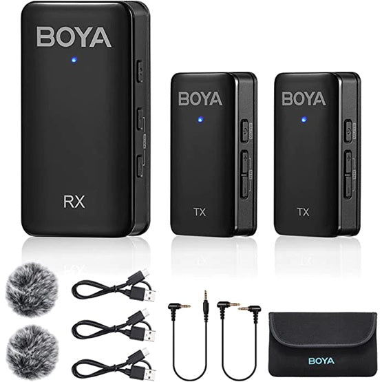 BOYA WMIC5 M2 wireless microphone kit featuring two transmitters and a receiver with accessories