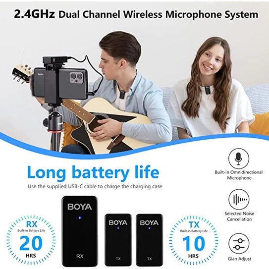 BOYA WMIC5 M2 wireless microphone system with two users, camera setup, and charging case features