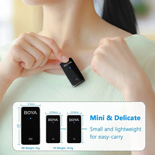 BOYA WMIC5 M2 wireless microphone shown on a shirt, compact and lightweight for easy carry
