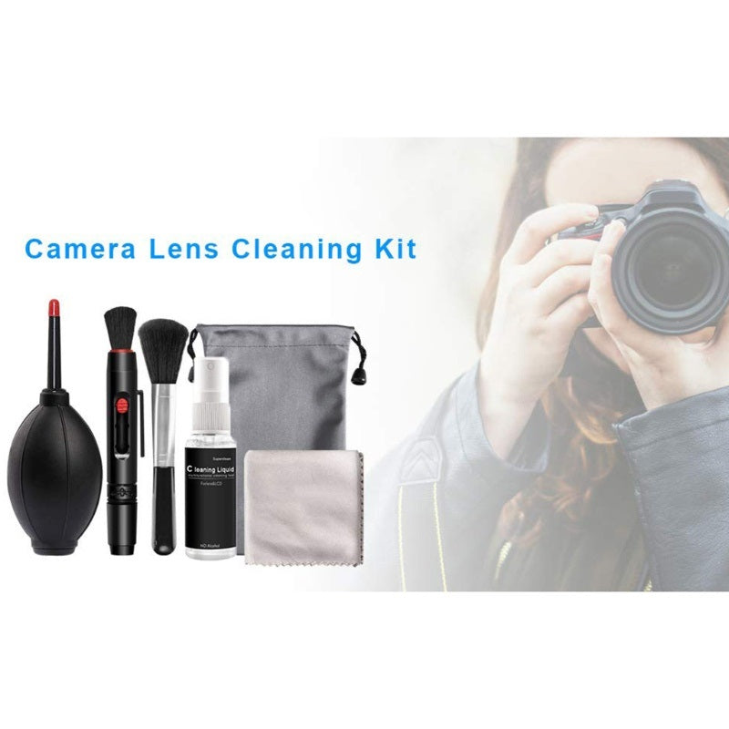 Canon camera cleaning kit includes lens cleaning solution, microfiber cloth, blower, and brushes for optimal lens care