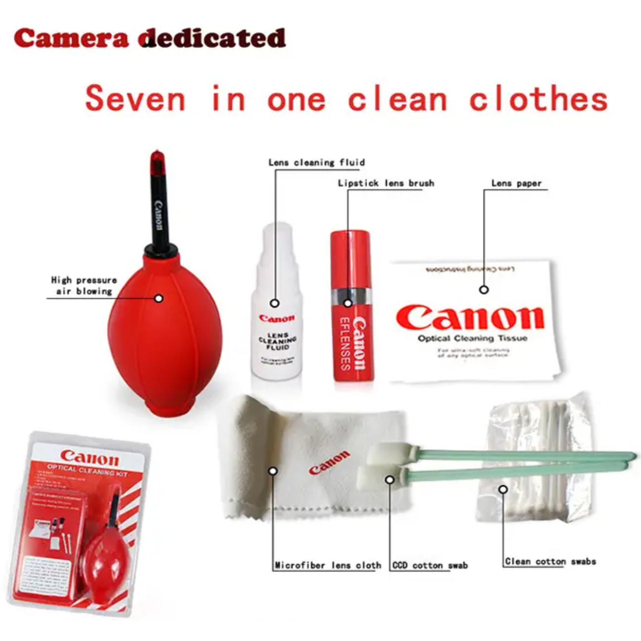 Canon camera cleaning kit with brushes, cloths, and air blower for effective lens care